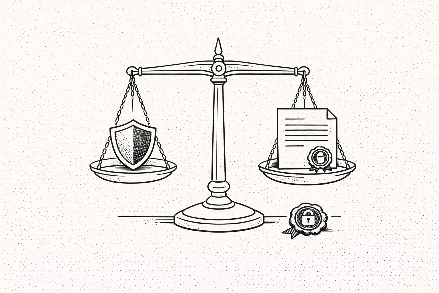 A balance scale weighing a shield against a stamped document