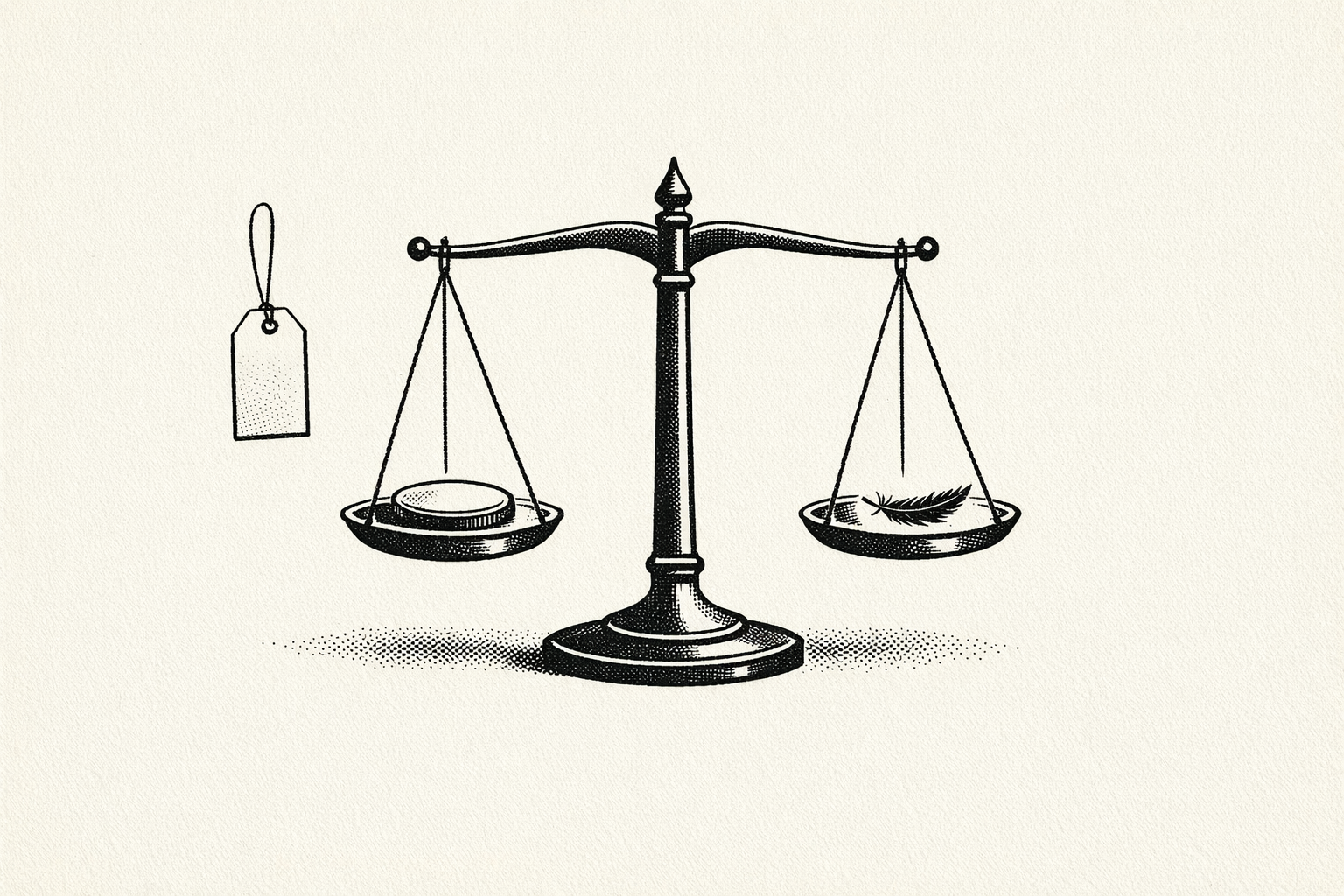 A price tag beside a balance scale weighing value